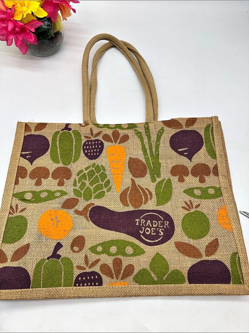 Trader Joe's Vegetable Print Jute Tote Bag Brown & Green